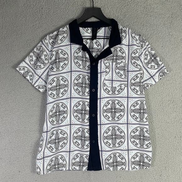 Soul Star Goodman Tile Print Button Shirt Mens M Short Sleeve Navy Collar Casual - Picture 6 of 9